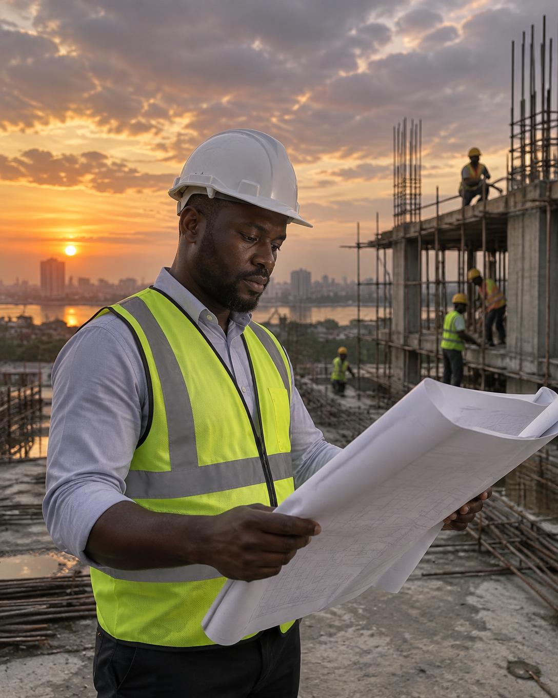 Construction manager reviewing plans on site at dusk