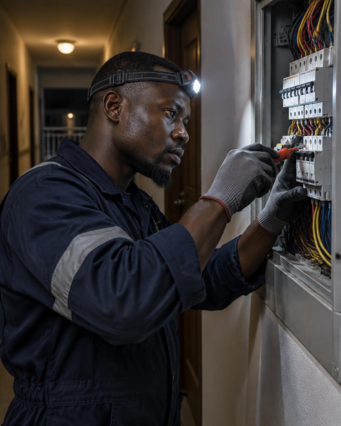 Technician working on an electrical panel in a residential corridor